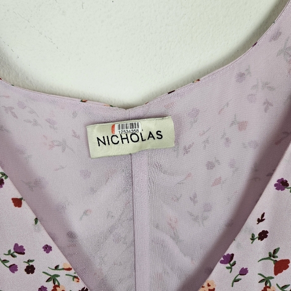 NICHOLAS Pink Purple Silk Floral Drape Front Ruched Hi Low Midi Dress Size 16 - Picture 6 of 12